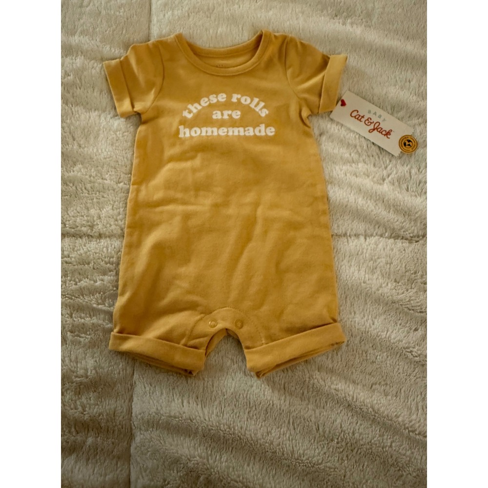Cat & Jack Baby Mustard Yellow These Rolls Are Homemade Romper 0-3M NWT